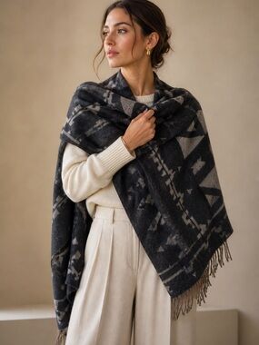 Wilfred Wool Blanket Scarf Taupe Black One Size Aztec Fringe Cozy Winter Warm